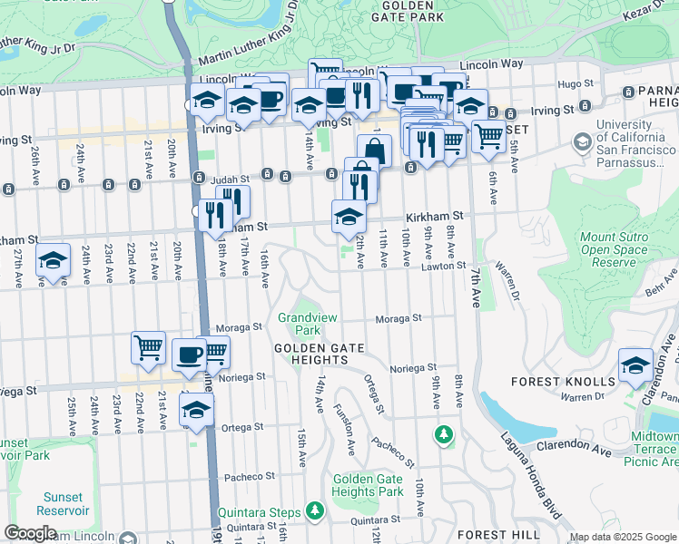 map of restaurants, bars, coffee shops, grocery stores, and more near Lawton Street & Funston Avenue in San Francisco