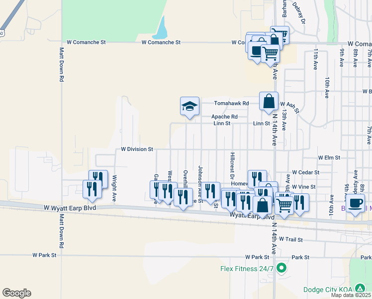 map of restaurants, bars, coffee shops, grocery stores, and more near 2001 West Division Street in Dodge City