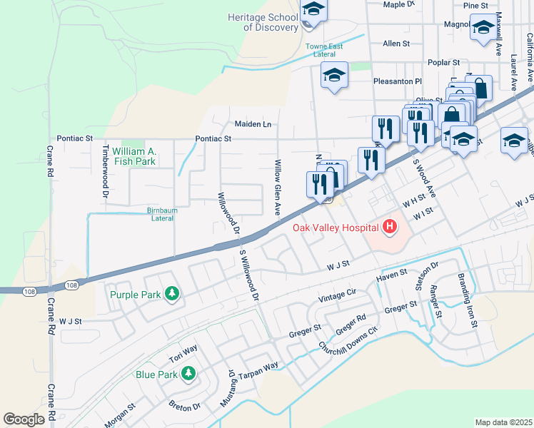 map of restaurants, bars, coffee shops, grocery stores, and more near 27 Black Pine Way in Oakdale