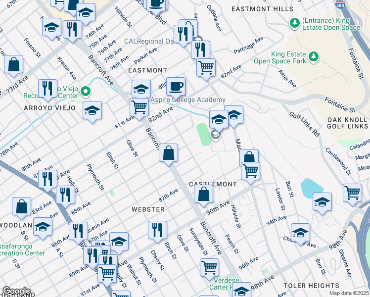 map of restaurants, bars, coffee shops, grocery stores, and more near 8501 Dowling Street in Oakland