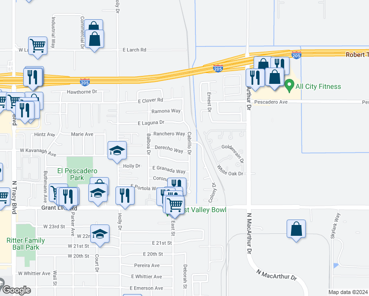 map of restaurants, bars, coffee shops, grocery stores, and more near 321 Derecho Way in Tracy
