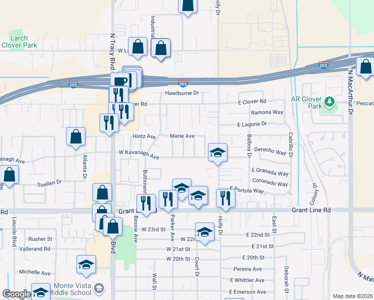 map of restaurants, bars, coffee shops, grocery stores, and more near 2914 Elsinore Drive in Tracy