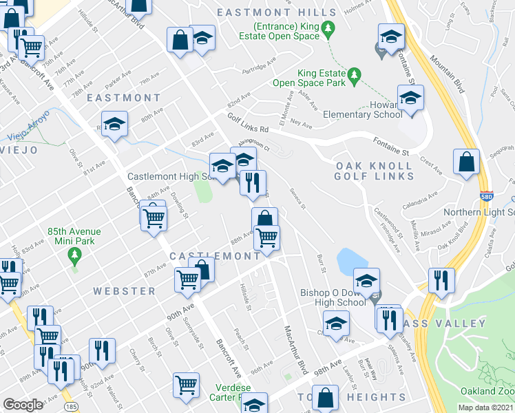 map of restaurants, bars, coffee shops, grocery stores, and more near 8665 Thermal Street in Oakland