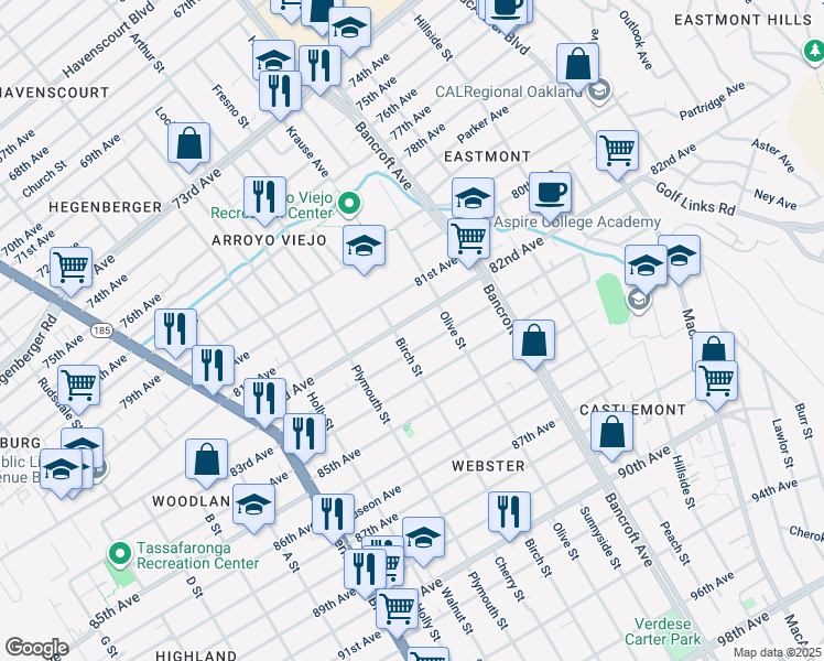map of restaurants, bars, coffee shops, grocery stores, and more near 8212 Birch Street in Oakland