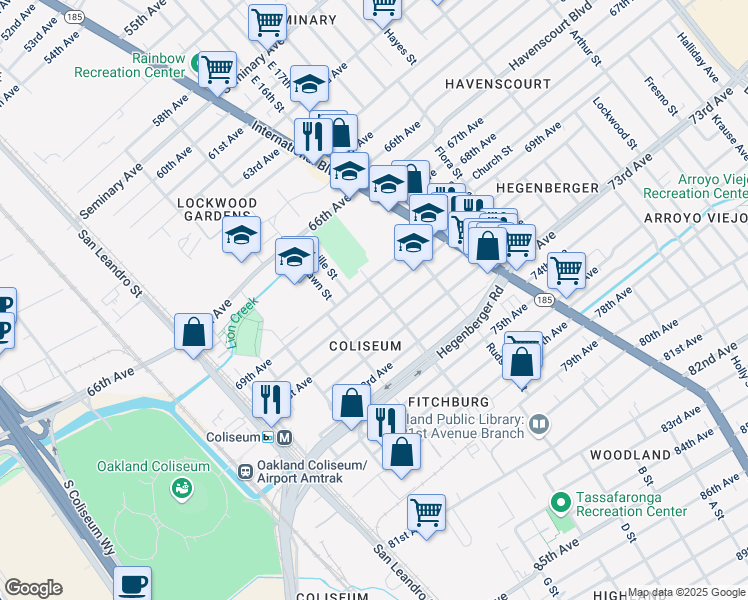 map of restaurants, bars, coffee shops, grocery stores, and more near 1056 70th Avenue in Oakland