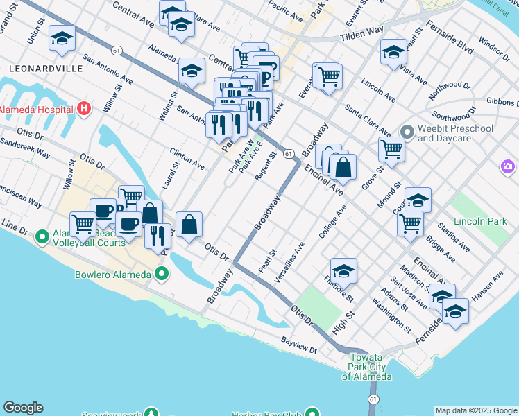 map of restaurants, bars, coffee shops, grocery stores, and more near 1130 Regent Street in Alameda
