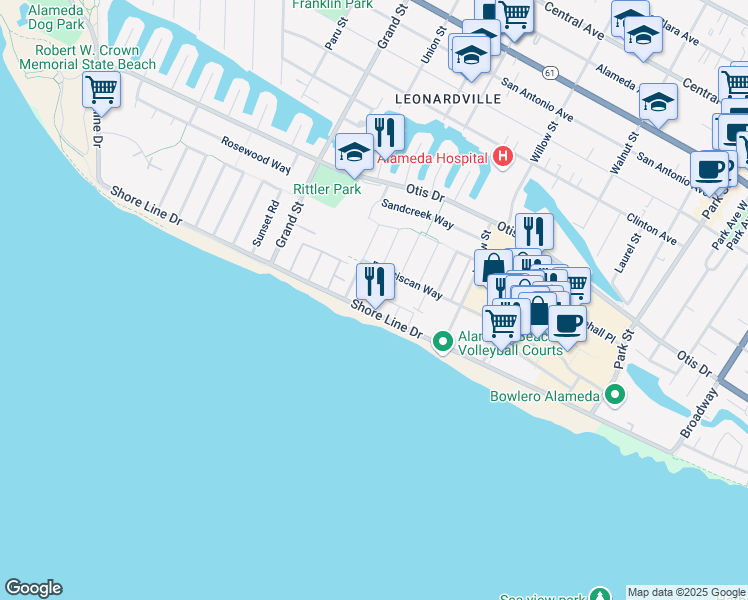 map of restaurants, bars, coffee shops, grocery stores, and more near in Alameda