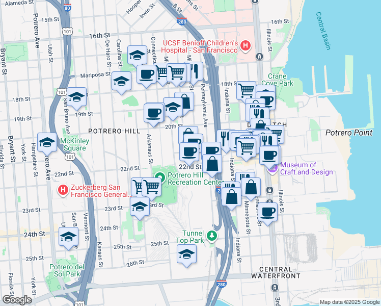 map of restaurants, bars, coffee shops, grocery stores, and more near 1300 22nd Street in San Francisco
