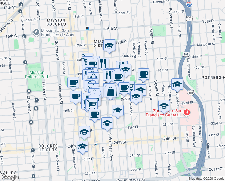 map of restaurants, bars, coffee shops, grocery stores, and more near 3088 21st Street in San Francisco