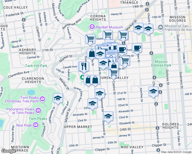 map of restaurants, bars, coffee shops, grocery stores, and more near 271 Eureka Street in San Francisco