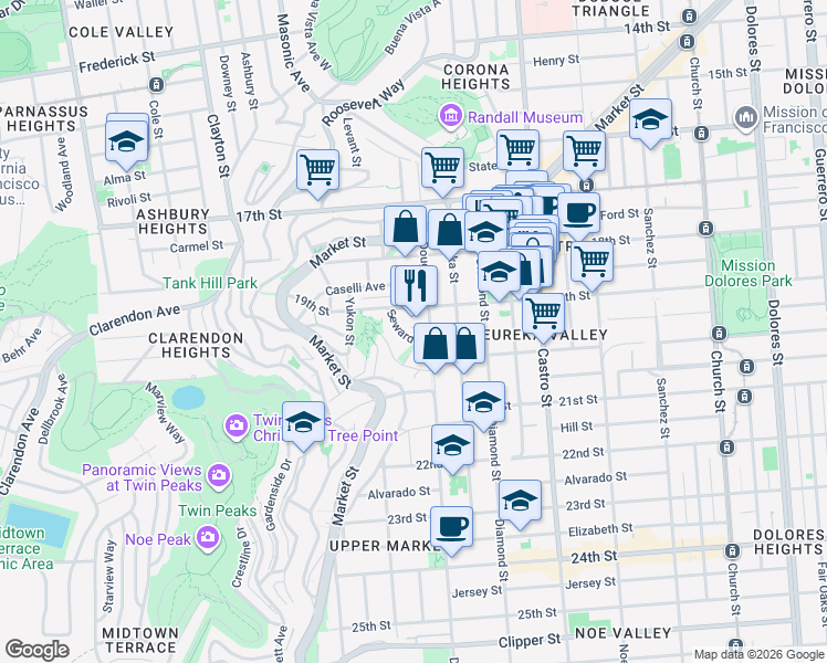 map of restaurants, bars, coffee shops, grocery stores, and more near 160 Corwin Street in San Francisco