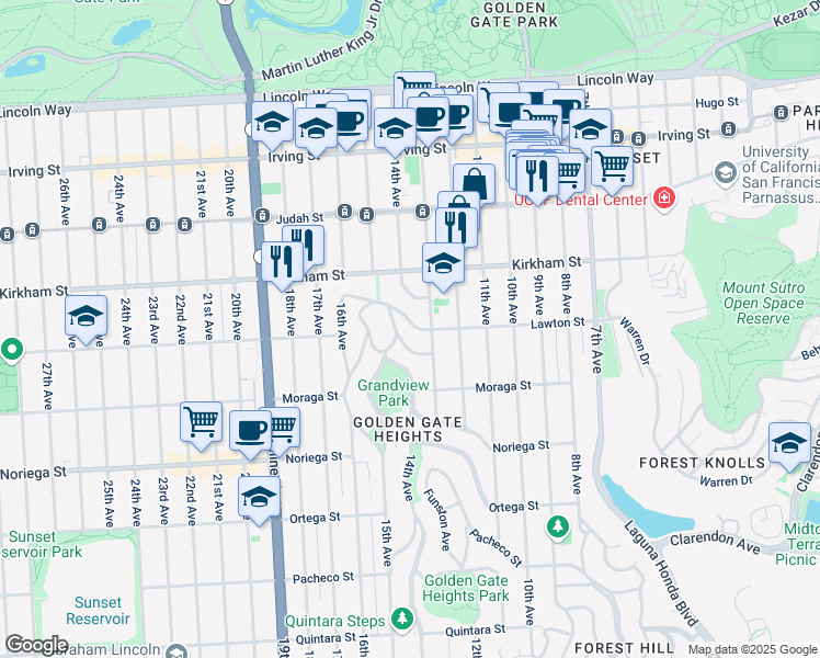 map of restaurants, bars, coffee shops, grocery stores, and more near 1611 Funston Avenue in San Francisco