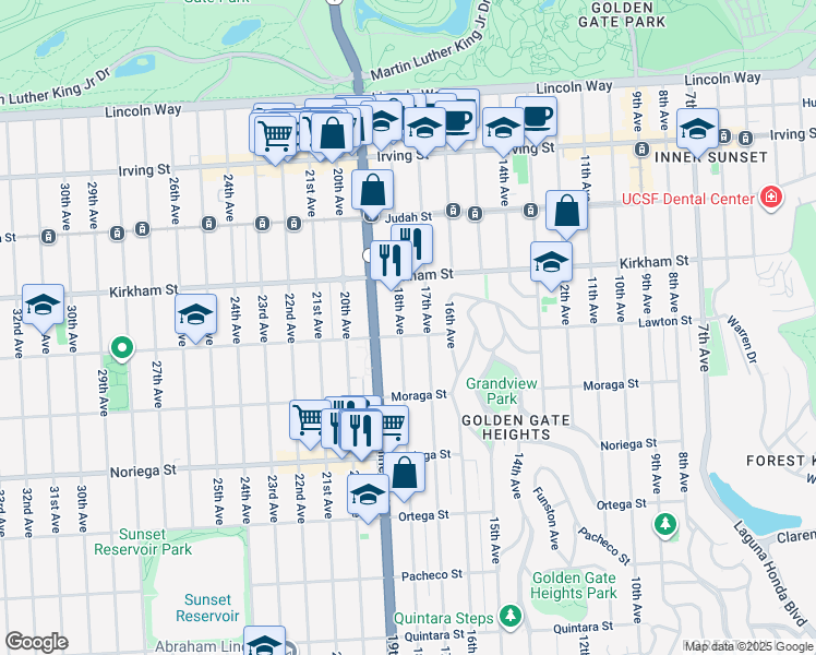 map of restaurants, bars, coffee shops, grocery stores, and more near 1125 Lawton Street in San Francisco
