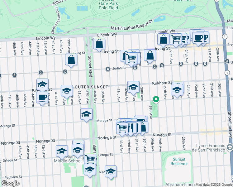 map of restaurants, bars, coffee shops, grocery stores, and more near 1562 33rd Avenue in San Francisco