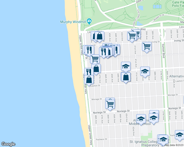 map of restaurants, bars, coffee shops, grocery stores, and more near 1523 48th Avenue in San Francisco