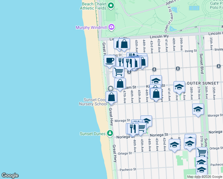 map of restaurants, bars, coffee shops, grocery stores, and more near 1523 48th Avenue in San Francisco