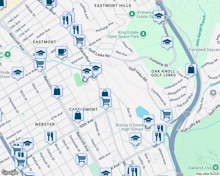 map of restaurants, bars, coffee shops, grocery stores, and more near 8712 Burr Street in Oakland