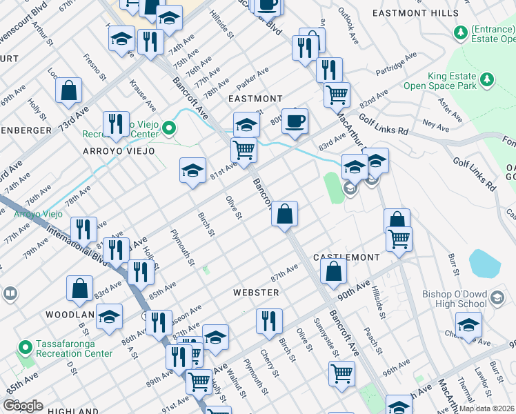 map of restaurants, bars, coffee shops, grocery stores, and more near 2051 84th Avenue in Oakland