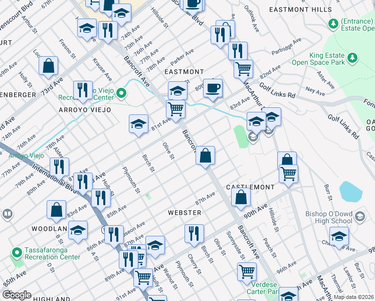 map of restaurants, bars, coffee shops, grocery stores, and more near 2057 84th Avenue in Oakland