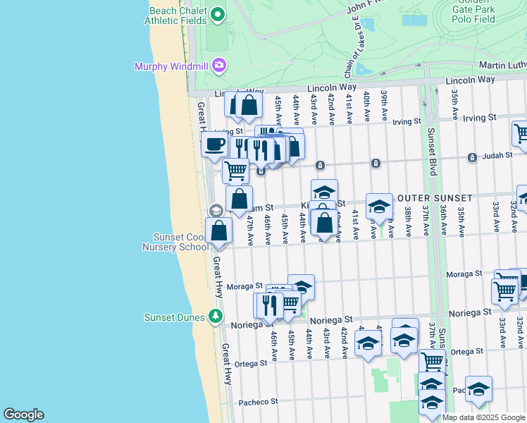 map of restaurants, bars, coffee shops, grocery stores, and more near 1503 46th Avenue in San Francisco