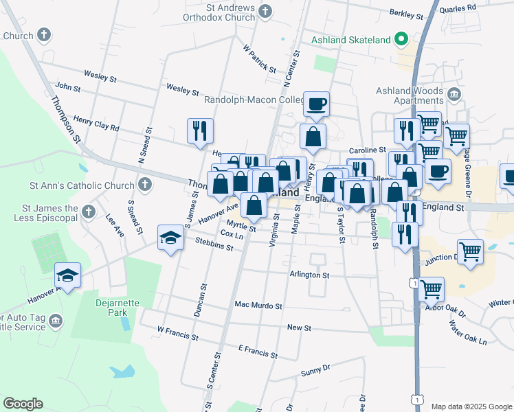 map of restaurants, bars, coffee shops, grocery stores, and more near 301 South Railroad Avenue in Ashland