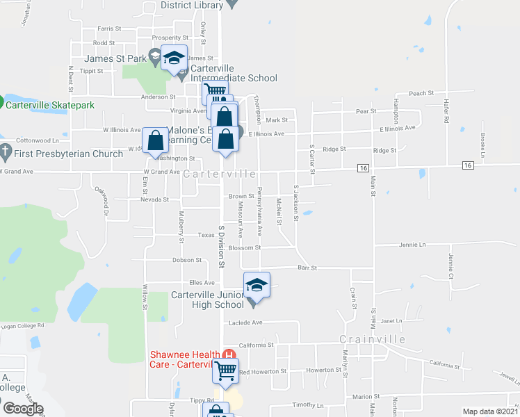 map of restaurants, bars, coffee shops, grocery stores, and more near 307 Pennsylvania Avenue in Carterville