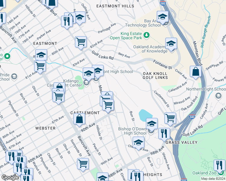 map of restaurants, bars, coffee shops, grocery stores, and more near Burr Street in Oakland