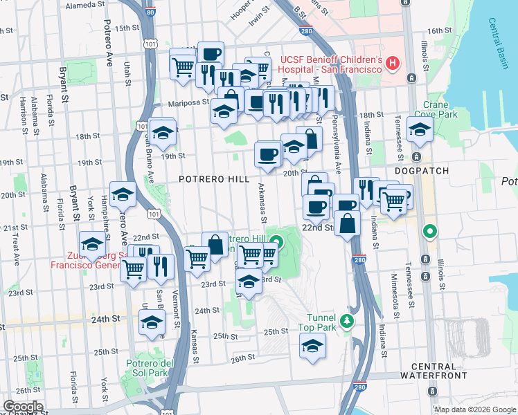 map of restaurants, bars, coffee shops, grocery stores, and more near 616 Arkansas Street in San Francisco