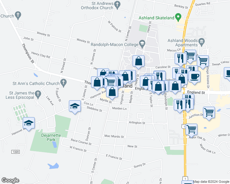 map of restaurants, bars, coffee shops, grocery stores, and more near 108 Robinson Street in Ashland