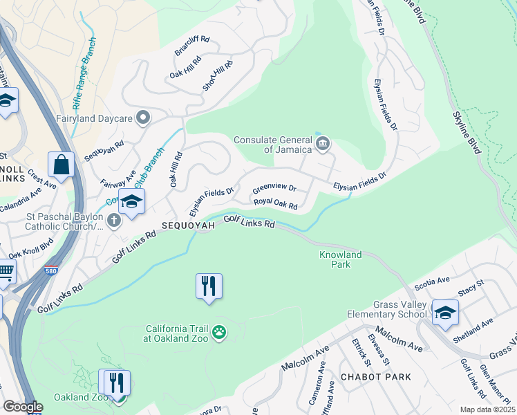 map of restaurants, bars, coffee shops, grocery stores, and more near 10317 Royal Oak Road in Oakland