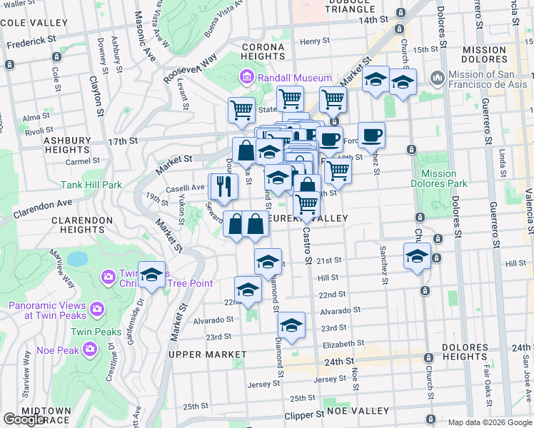 map of restaurants, bars, coffee shops, grocery stores, and more near 271 Eureka Street in San Francisco
