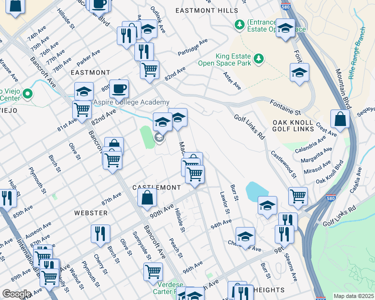 map of restaurants, bars, coffee shops, grocery stores, and more near 8656 MacArthur Boulevard in Oakland