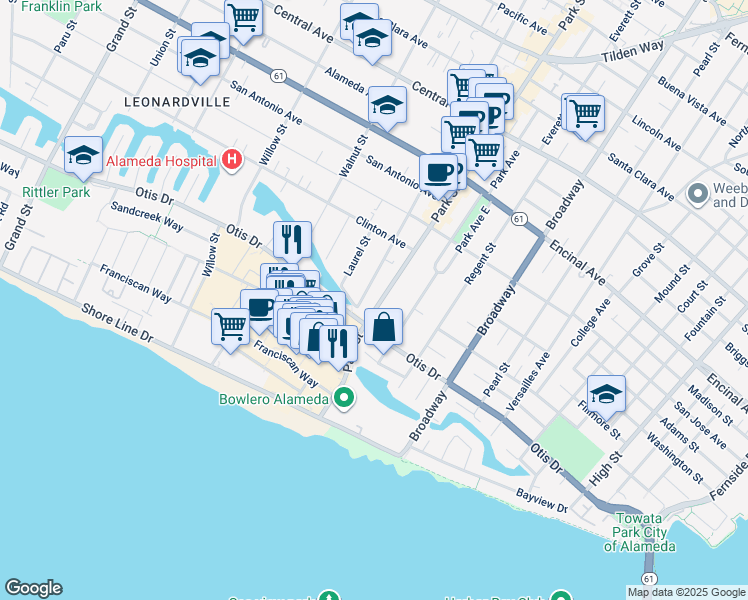 map of restaurants, bars, coffee shops, grocery stores, and more near 931 Park Street in Alameda
