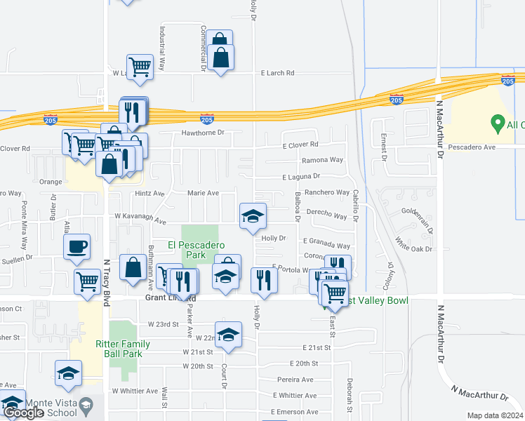 map of restaurants, bars, coffee shops, grocery stores, and more near 115 East Kavanagh Avenue in Tracy