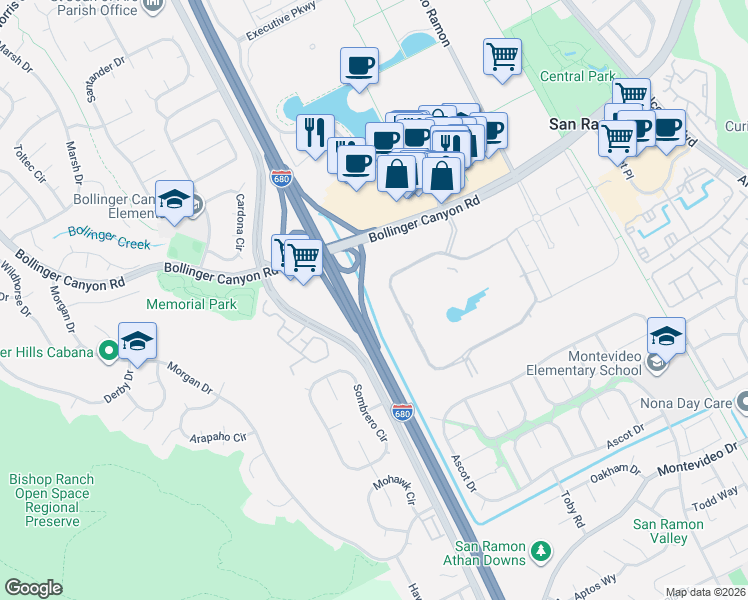 map of restaurants, bars, coffee shops, grocery stores, and more near Donald D. Doyle Highway in San Ramon