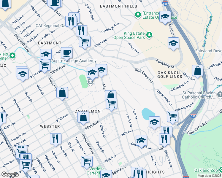 map of restaurants, bars, coffee shops, grocery stores, and more near 8665 Thermal Street in Oakland