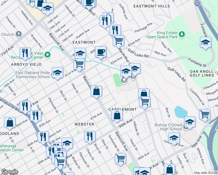 map of restaurants, bars, coffee shops, grocery stores, and more near 2313 86th Avenue in Oakland