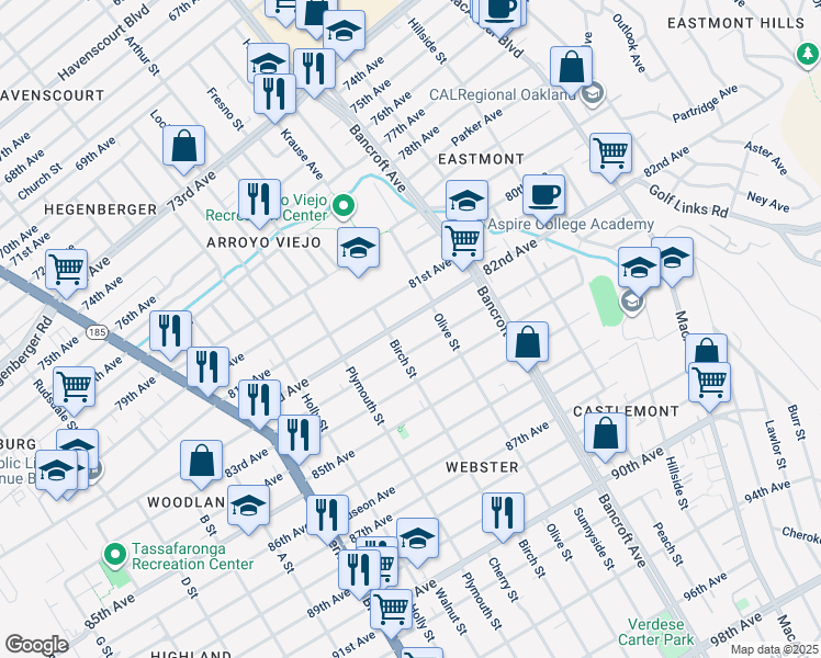 map of restaurants, bars, coffee shops, grocery stores, and more near 8212 Birch Street in Oakland