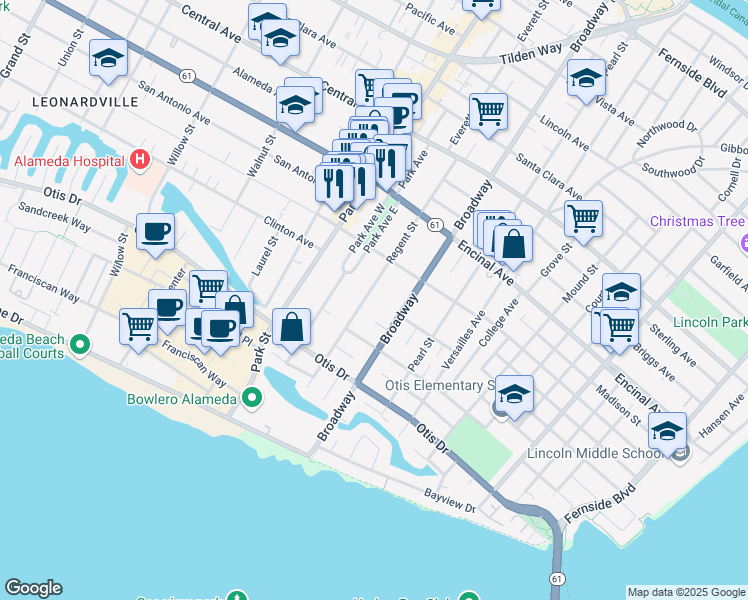 map of restaurants, bars, coffee shops, grocery stores, and more near 1130 Regent Street in Alameda