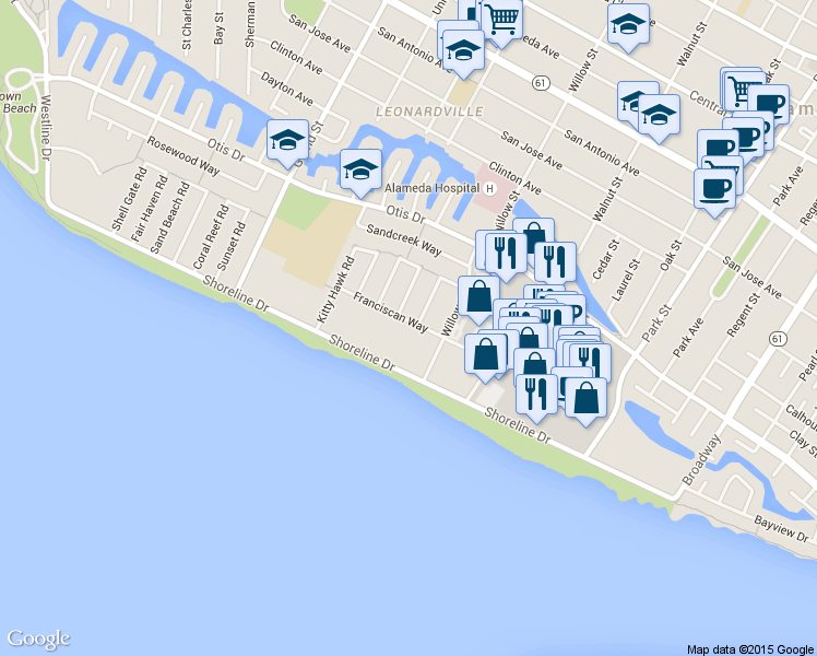 map of restaurants, bars, coffee shops, grocery stores, and more near 2028 Franciscan Way in Alameda
