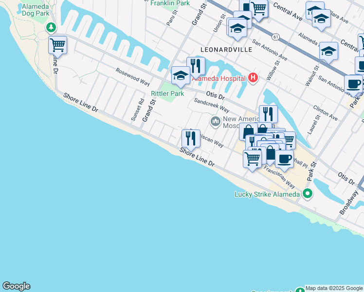 map of restaurants, bars, coffee shops, grocery stores, and more near in Alameda