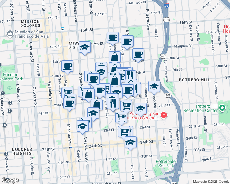 map of restaurants, bars, coffee shops, grocery stores, and more near 2471 Harrison Street in San Francisco