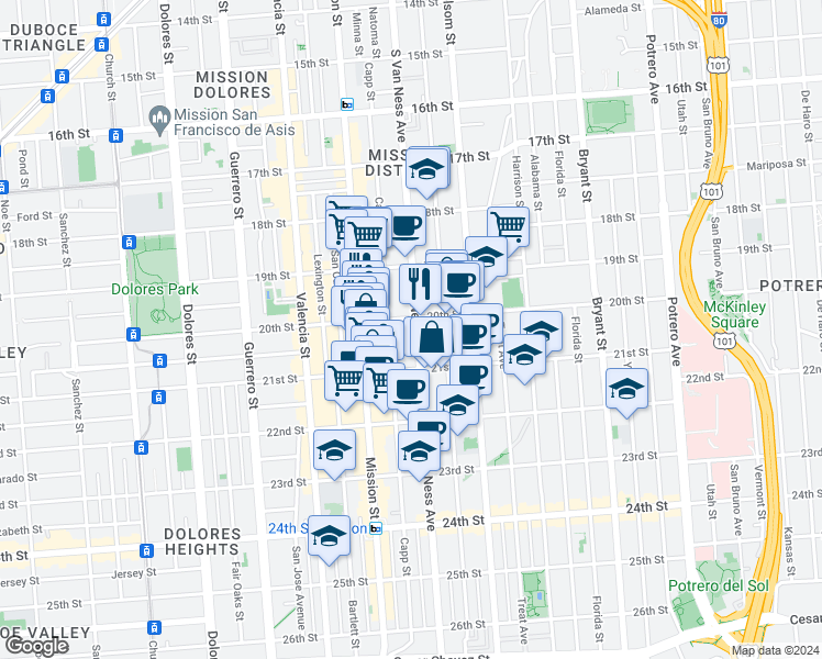 map of restaurants, bars, coffee shops, grocery stores, and more near 3088 21st Street in San Francisco