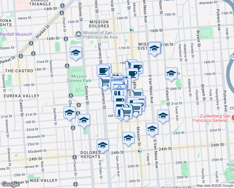 map of restaurants, bars, coffee shops, grocery stores, and more near 929 Valencia Street in San Francisco