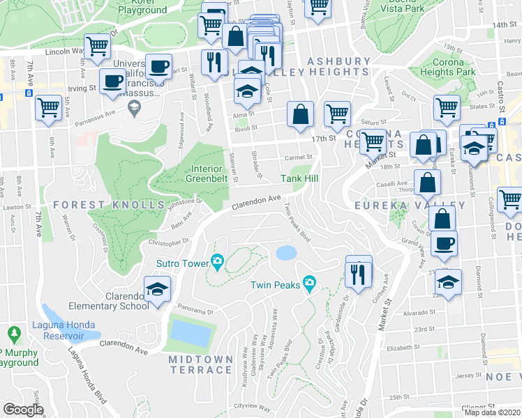map of restaurants, bars, coffee shops, grocery stores, and more near 31 Mountain Spring Avenue in San Francisco