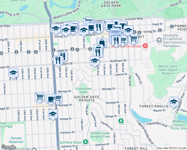 map of restaurants, bars, coffee shops, grocery stores, and more near 1611 Funston Avenue in San Francisco