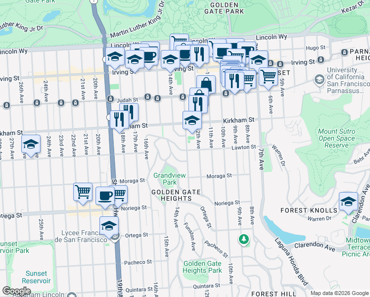 map of restaurants, bars, coffee shops, grocery stores, and more near 1611 Funston Avenue in San Francisco