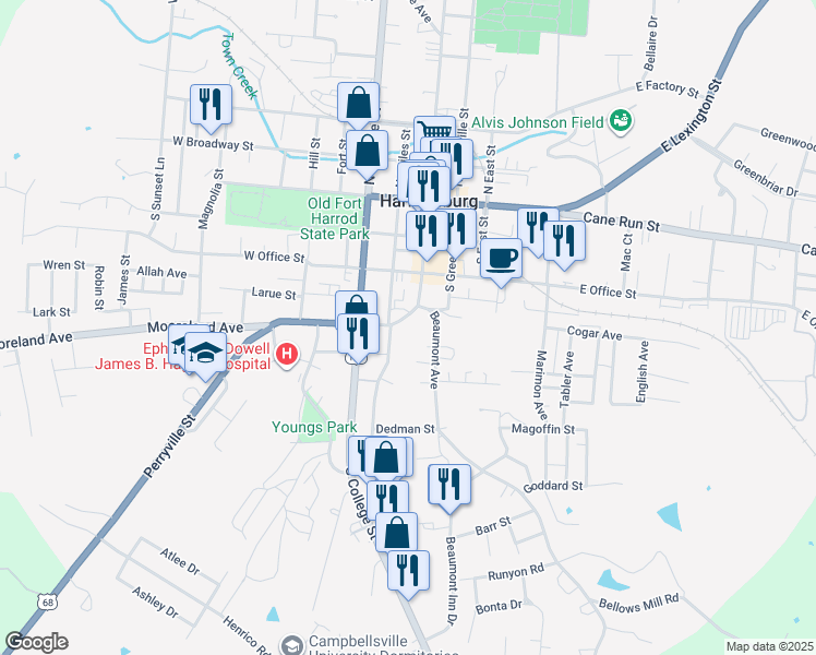 map of restaurants, bars, coffee shops, grocery stores, and more near 419 Chestnut Street in Harrodsburg