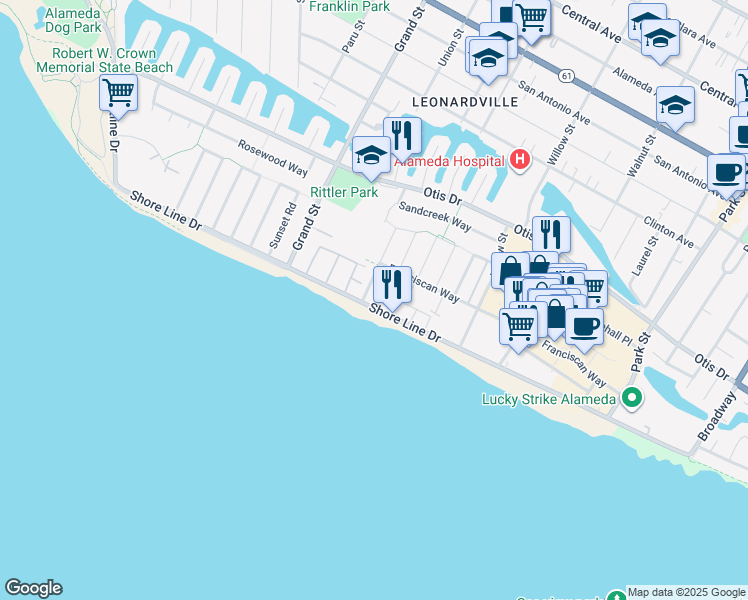 map of restaurants, bars, coffee shops, grocery stores, and more near in Alameda