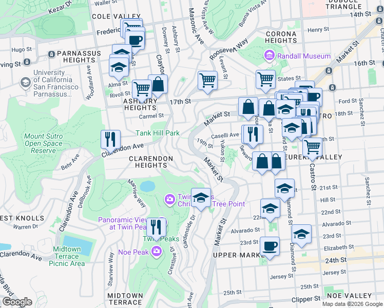 map of restaurants, bars, coffee shops, grocery stores, and more near Clayton & Market Stairway in San Francisco